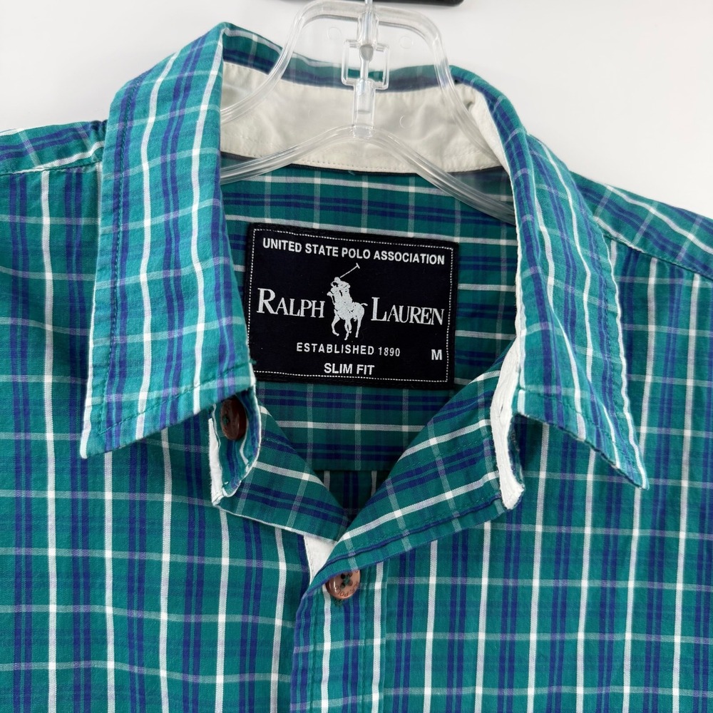 Polo Ralph Lauren Mens Green Blue Plaid Slim Fit Button Down Shirt Size M - Picture 3 of 10